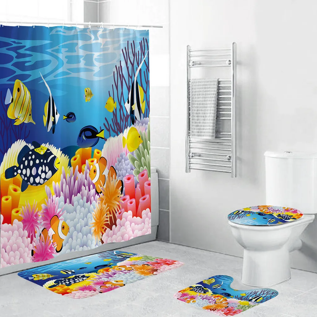 Ouneed motif coloré océan monde imperméable à l'eau salle de bain rideau de douche ensemble toilettes antidérapantes polyester tapis de couverture ensemble 2020 nouveau T200711