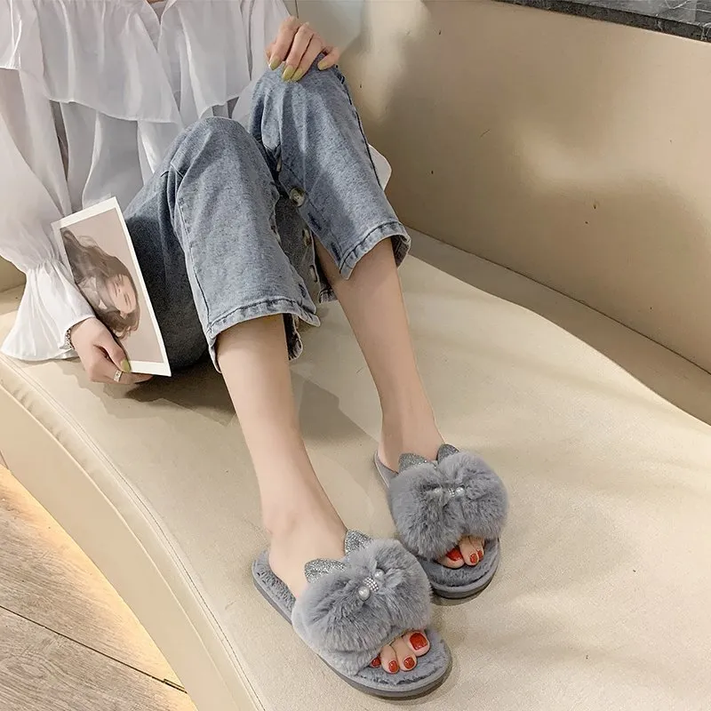 Hiver maison femmes pantoufles confortable en peluche chaud plat dames chaussures décontractées antidérapant mignon femmes pantoufles à fourrure