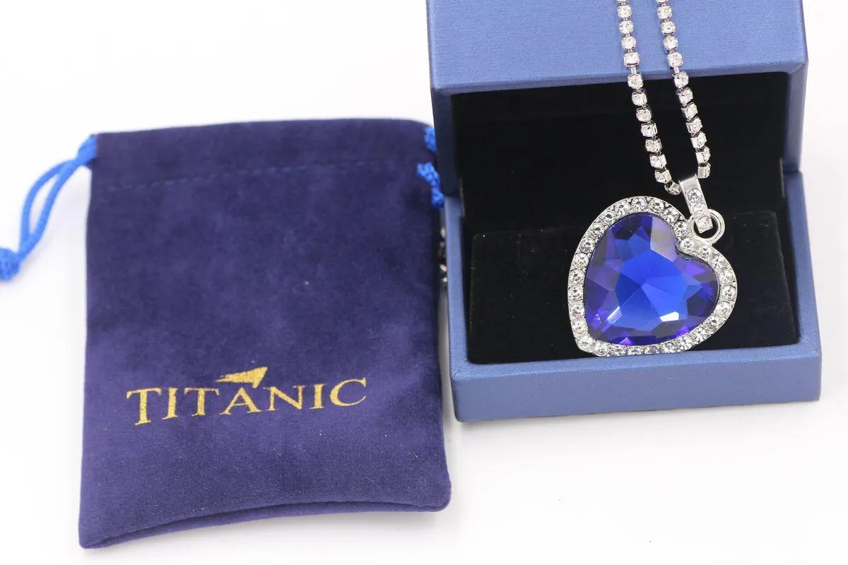 Titanic coeur de l'océan colliers pour femmes bleu romantique pendentif collier avec sac en velours entier Drop12544