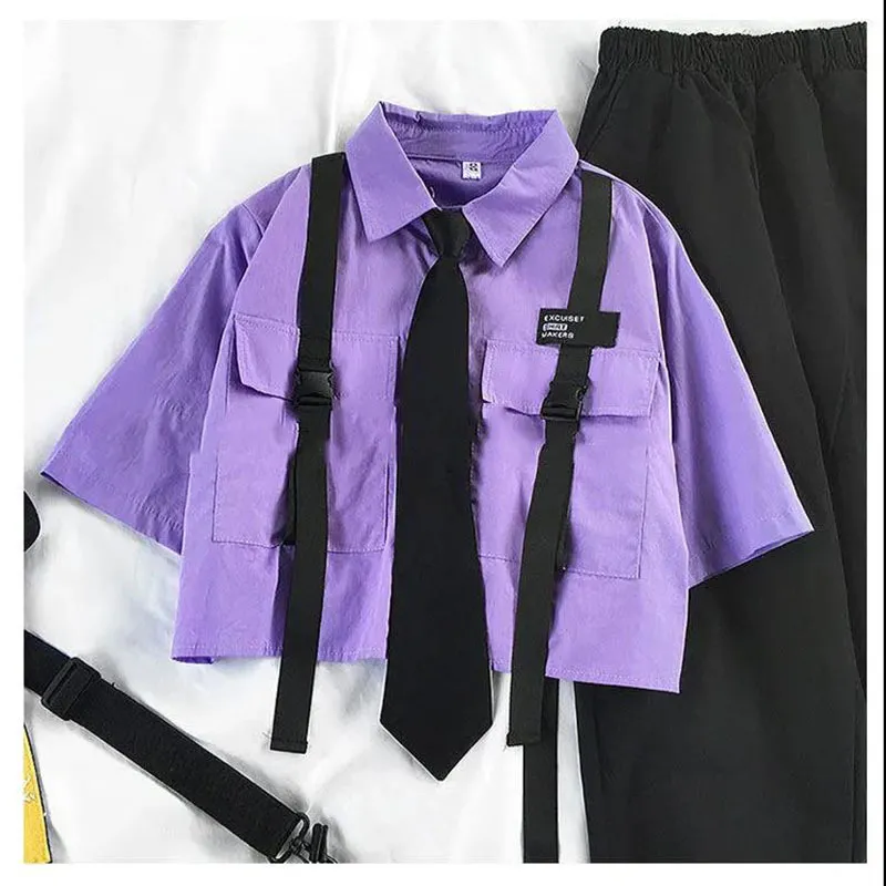 2021 Automne Streetwear Pantalon taille haute ruban droit Cargo Pantalon étudiant lâche chemise à manches courtes avec cravate deux pièces Set 201109