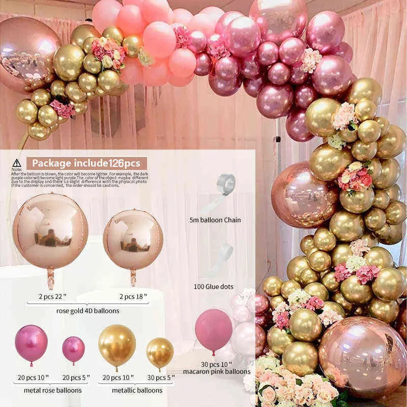 126st Chrome Gold Rose Pastell Baby Rosa Ballonger Garland Arch Kit 4D Rose Ballong För Födelsedag Bröllop Julparty Decor 211216