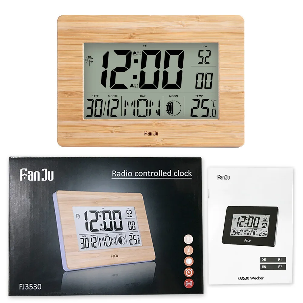 FanJu Digitale Wanduhr LCD Große Große Zahl Zeit Temperatur Kalender Alarm Tisch Schreibtischuhren Modernes Design Büro Wohnkultur Y200407