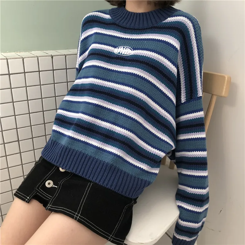Suéteres de mujer Suéter Clarissa Suéter de gran tamaño a rayas azul blanco Suéteres recortados con cuello simulado bordado Harajuku 220906