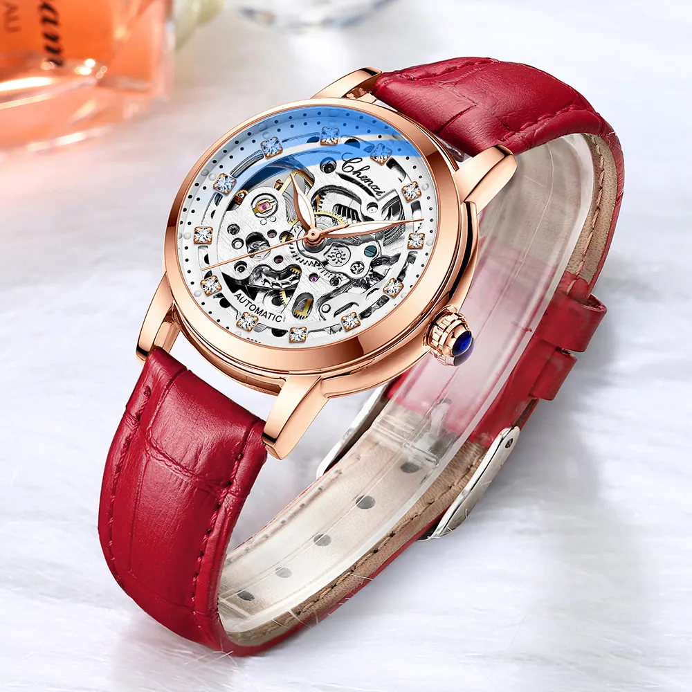 Women Automatic Mechanical Watch أعلى العلامة التجارية الفاخرة الفولاذ المقاوم للصدأ معصمه معصم الساعات السيدات الهيكل العظمي التوربيون على مدار الساعة 277S