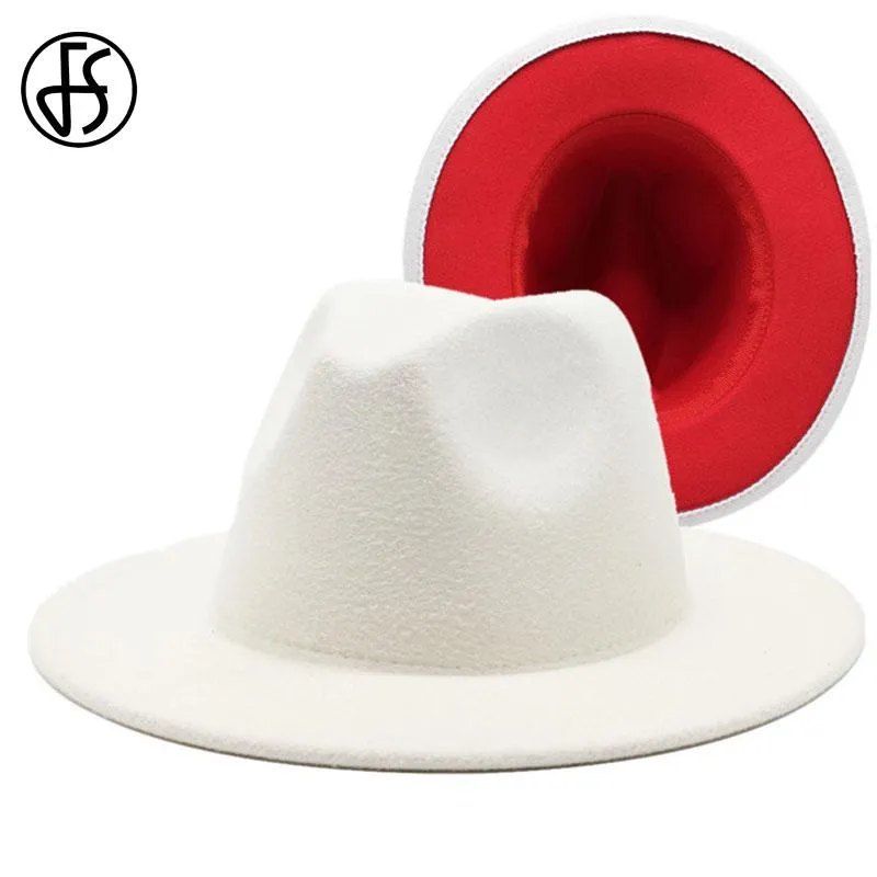 Fs 61 cm graues roter Patchwork Wolle Filz Jazz Fedora Hüte für Frauen Unisex breit Schwim Panama Party Trilby Cowboy Cap Men Gentleman255h