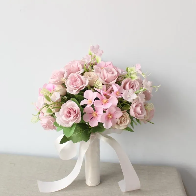 Mini Roses Bouquet avec ruban fleurs artificielles mariée mariage fleur maison fête voyage ornements 1269m