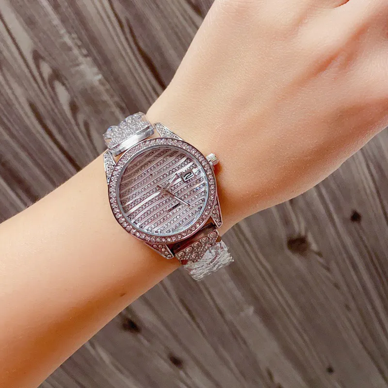 Modemerk quartz polshorloge voor dames Meisje met metalen stalen band in kristalstijl Horloges R144