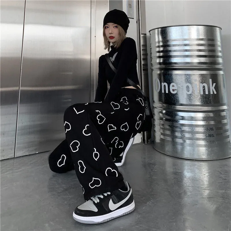 HOUZHOU Hip Hop Wide Leg Pant Vintage Korean Style Oversize Trousers For Female Fashion Spring Harajuku Heart Print 220211