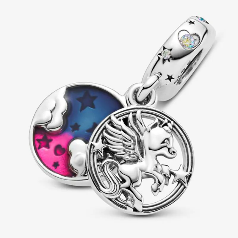 2020 Winter New 925 Sterling Silver Beads Magical Unicorn Double Dangle Charm fit Original Pan Bracelet Christmas Jewelry