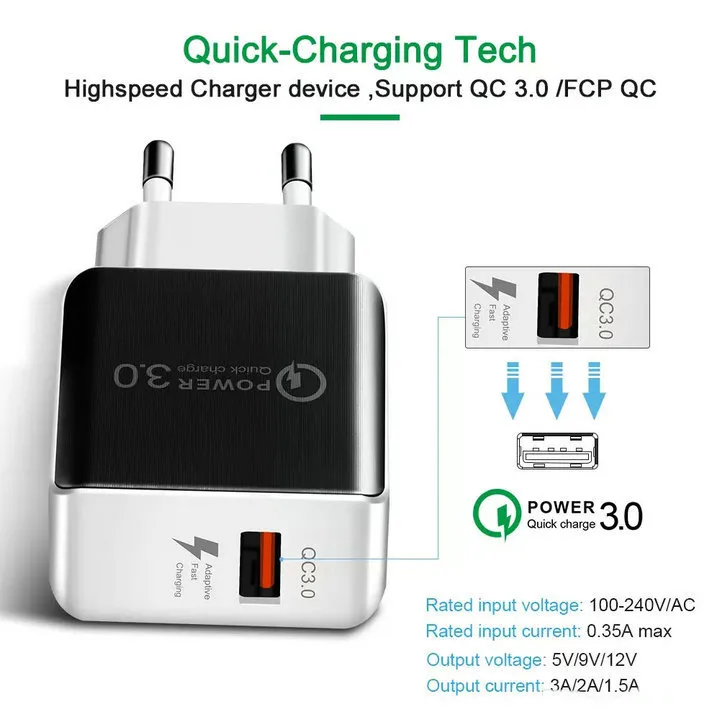 Carregador de parede rápido QC30 USB Carga rápida 5V 3A 9V 2A Adaptador de energia para viagem Carregamento rápido Plugue EUA UE para iPhone Samsung Xiaomi Phone5854834
