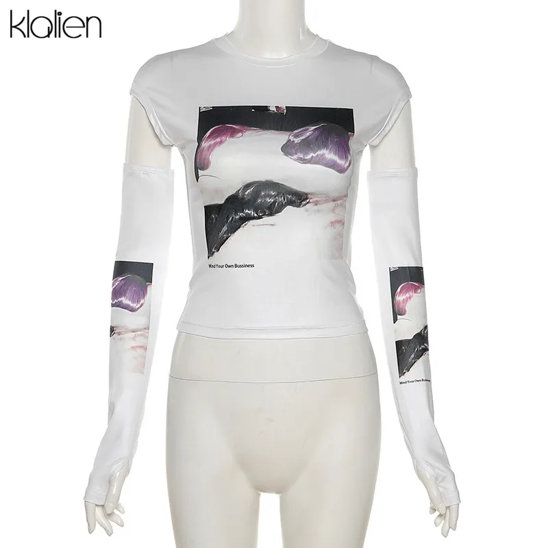 Klalien mulheres casual impressão branca magro estiramento mangas removíveis o pescoço feminino camiseta primavera verão topo 220217