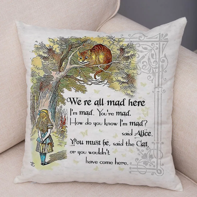 Alice in Wonderland Cushion Cover Cute Rabbit Cat Printed Sofa Pillow Vintage Home Dekorativ kuddefodral For Children Room7067149