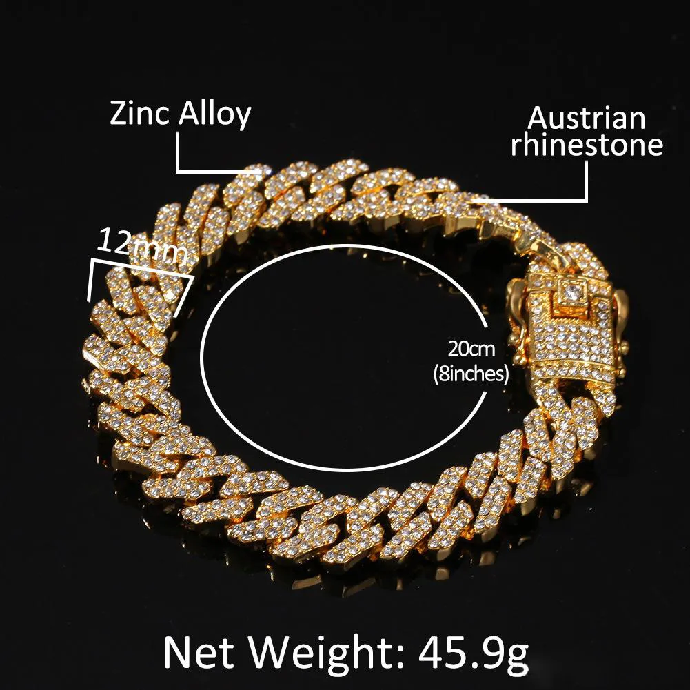 12MM Miami Cuban Link Chaîne Collier Bracelets Ensemble Pour Hommes Bling Hip Hop Glacé Diamant Or Argent Chaînes De Rappeur Femmes De Luxe Jewel224g