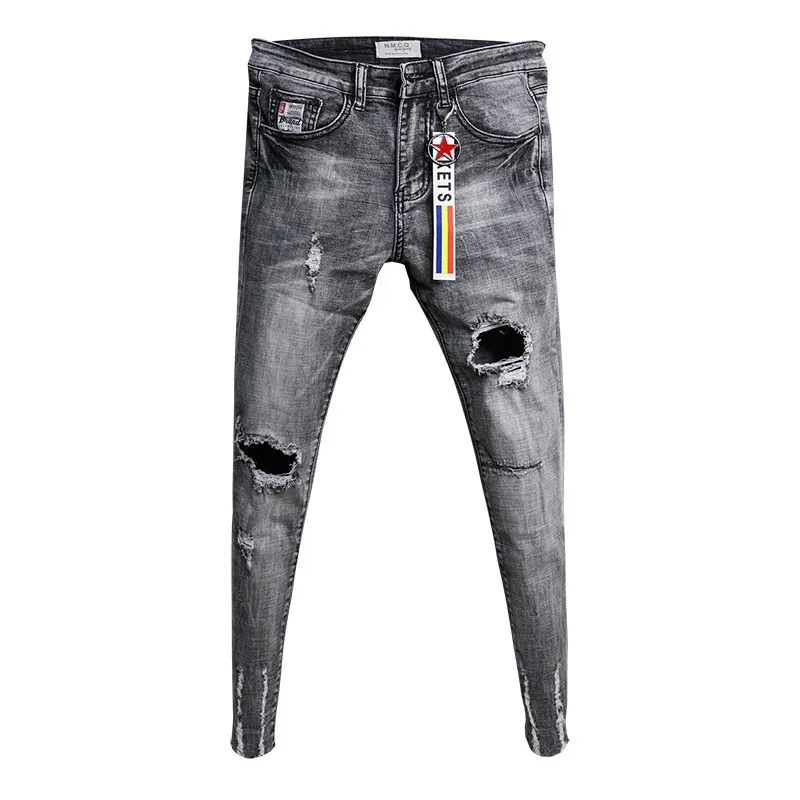 Whole Fashion Casual adolescentes cowboy coreano na moda jeans skinny joelho rasgado jeans skinny masculino borda crua moda calças elásticas 201111276Q