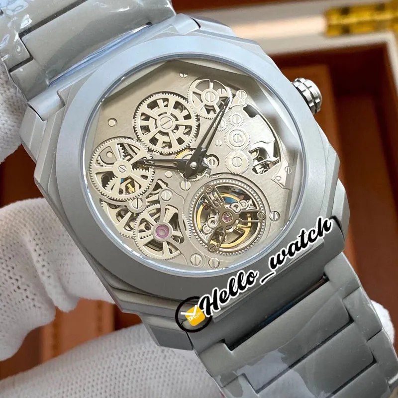 New Octo Finissimo Tourbillon 102937 스켈레톤 그레이 다이얼 미요타 자동 남성 시계 티타늄 스틸 팔찌 스포츠 시계 Hello Wa266o