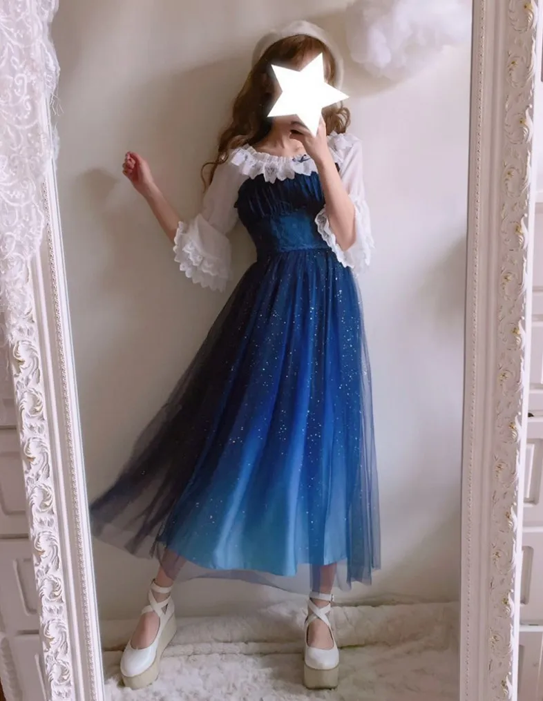Stary Sky Gradient Blue Damska Summer Sukienka Sukienka Podwójna Warstwa Veil Fairy Kei Lolita Dress Wewnętrzna Biała Koszula T19053101
