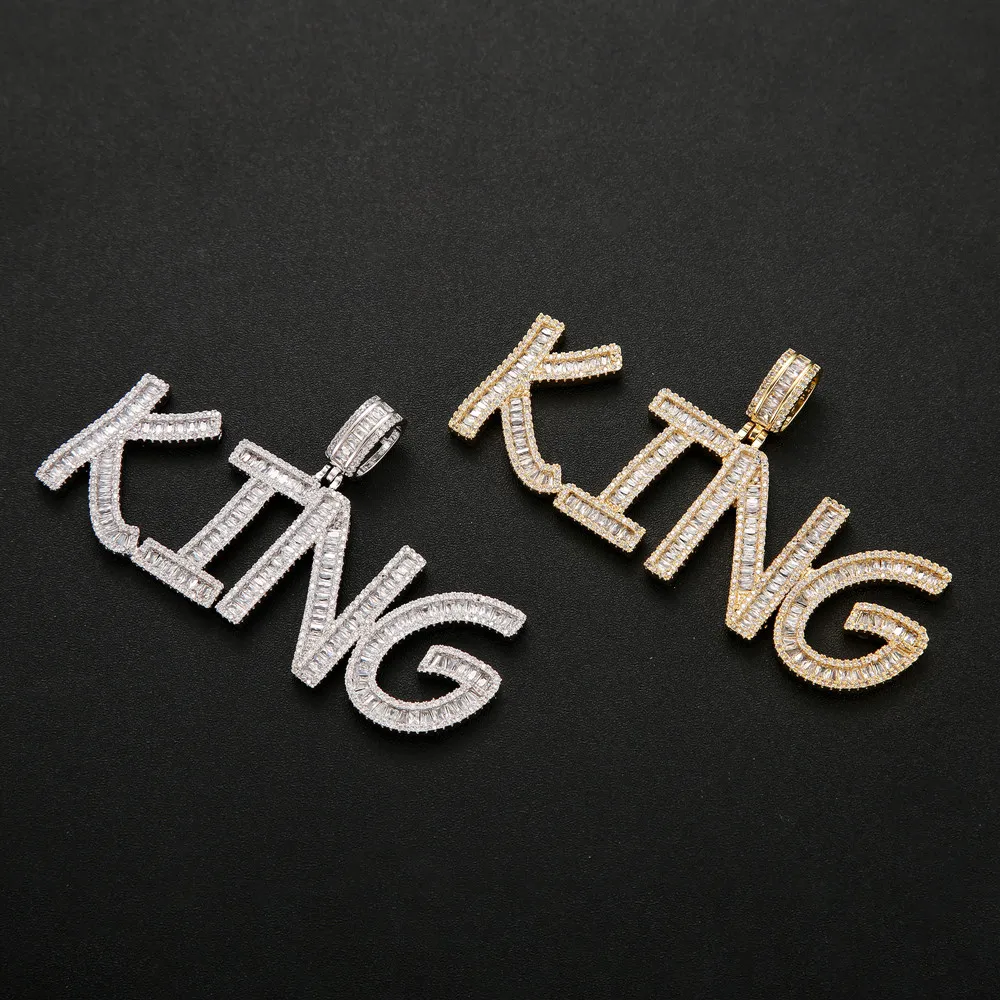 Ciondolo hip-hop con lettere baguette con nome personalizzato con catena in corda Oro argento bling zirconi Gioielli da uomo268O