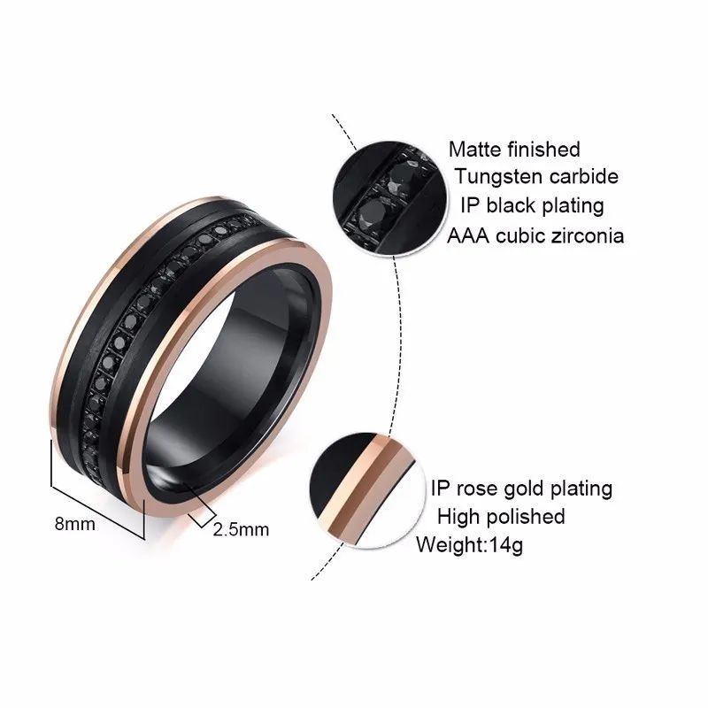 Anéis de eternidade masculinos de carboneto de tungstênio, 8mm, dois tons, luxo, preto, pedra cz, ouro rosa, lado, aliança de casamento, super joias c181228012756