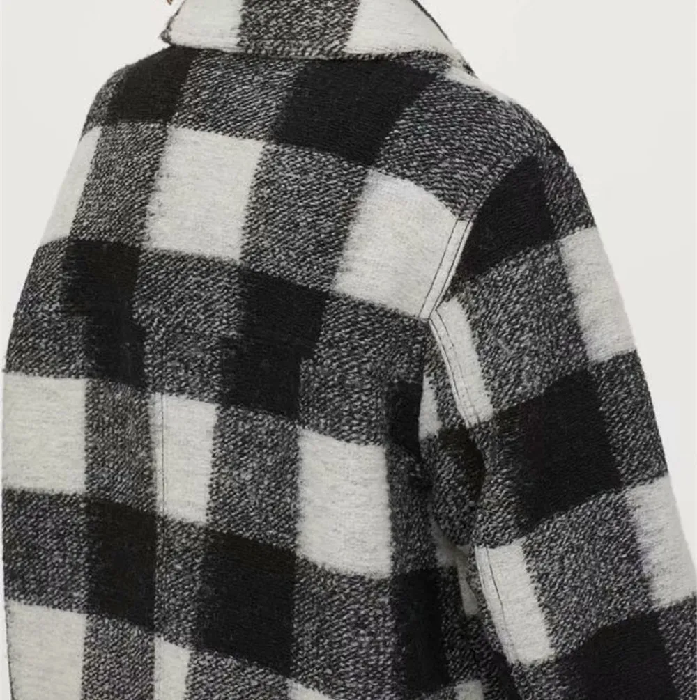 HM women s new fall polo long sleeve black and white plaid blended soft tweed Pocket Shirt coat 0787160 LJ201021