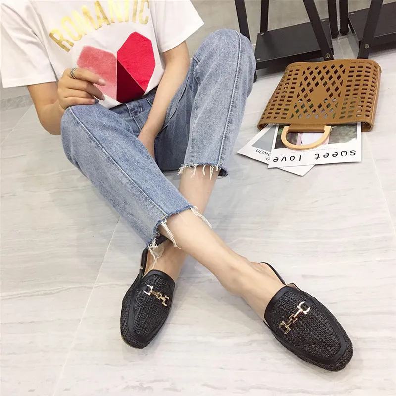 Niufuni Womens Womens Slippers Solid Color Low Heel Casual Hollow Shoes Mule Slippers Flat Shoes Cane Metal Beach Shoes y200423