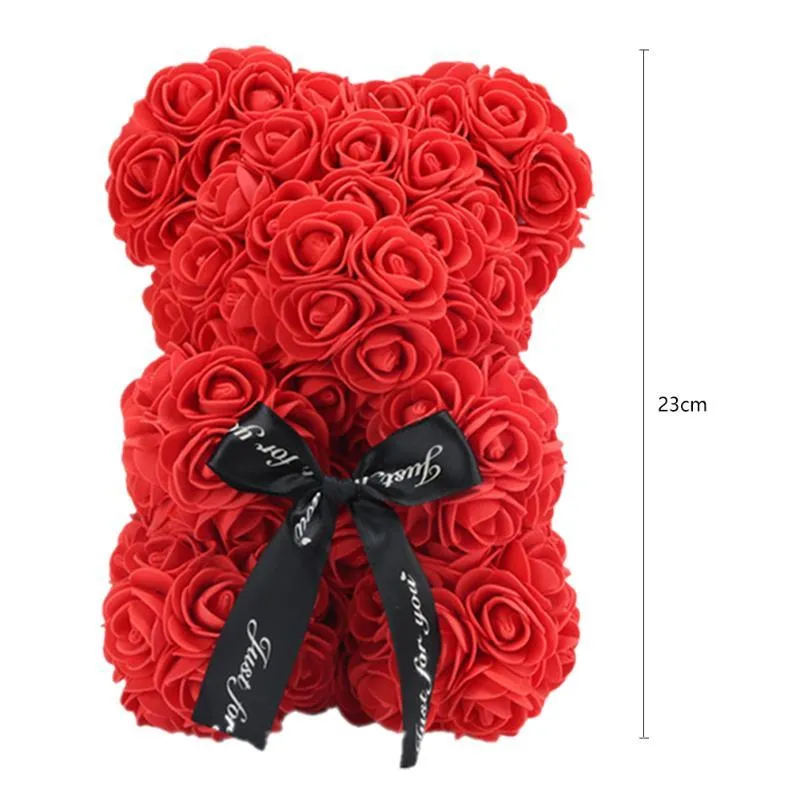 VKTECH Cadeau de Saint Valentin 23 cm Ours en Peluche Rose Rouge Fleur Artificielle Décoration pour Noël Cadeau d'anniversaire de la Saint-Valentin 191c