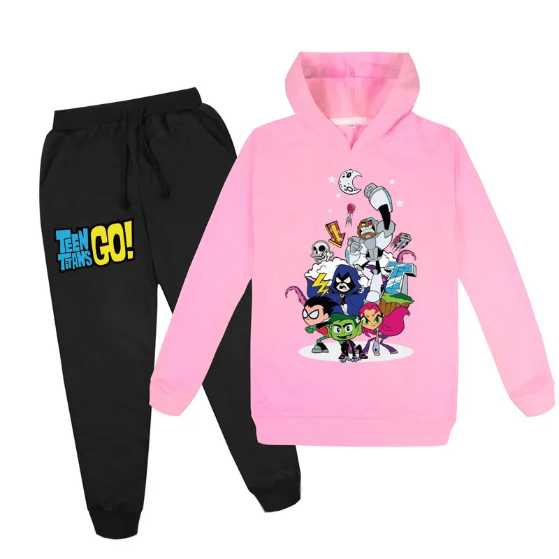 2-16 Babykläder Satser Teen Titans Go Hoodie Toppar Byxor 2st Set Kids Sport Passar Boys Tracksuits Toddler Outfit Girls Outwear 201126