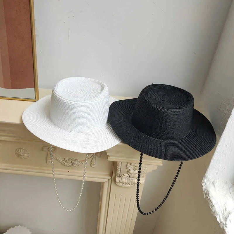 Français rétro Fragrance dames chaîne de perles white plate chapeau femmes 039 Visor de soleil d'été tissu paille Hat5235369