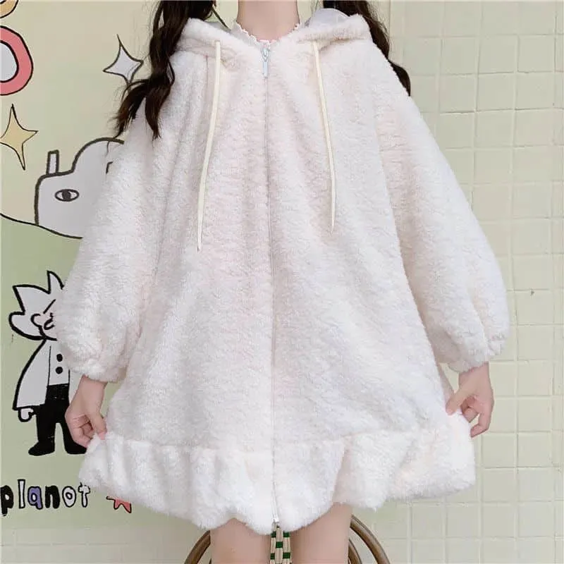 2021 Outono Modelos de inverno Novos hoodies casaco japonês japonês coelho orelhas de coelho cordeiro selvagem mais veludo grosso pelúcia mulheres kawaii roupas q0116