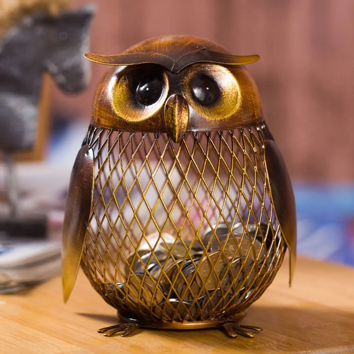 Annan heminredning Tooarts Piggy Bank Owl Figurin Money Box Metal Coin Saving Home Decoration Crafts Gift For Coins Year Decorations Y200106