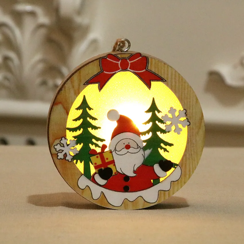 Christmas Wood Luminescent Pendant Santa Claus Snowman Pattern Christmas Tree Ornament Hollow Wooden Xmas Decor With LED Light