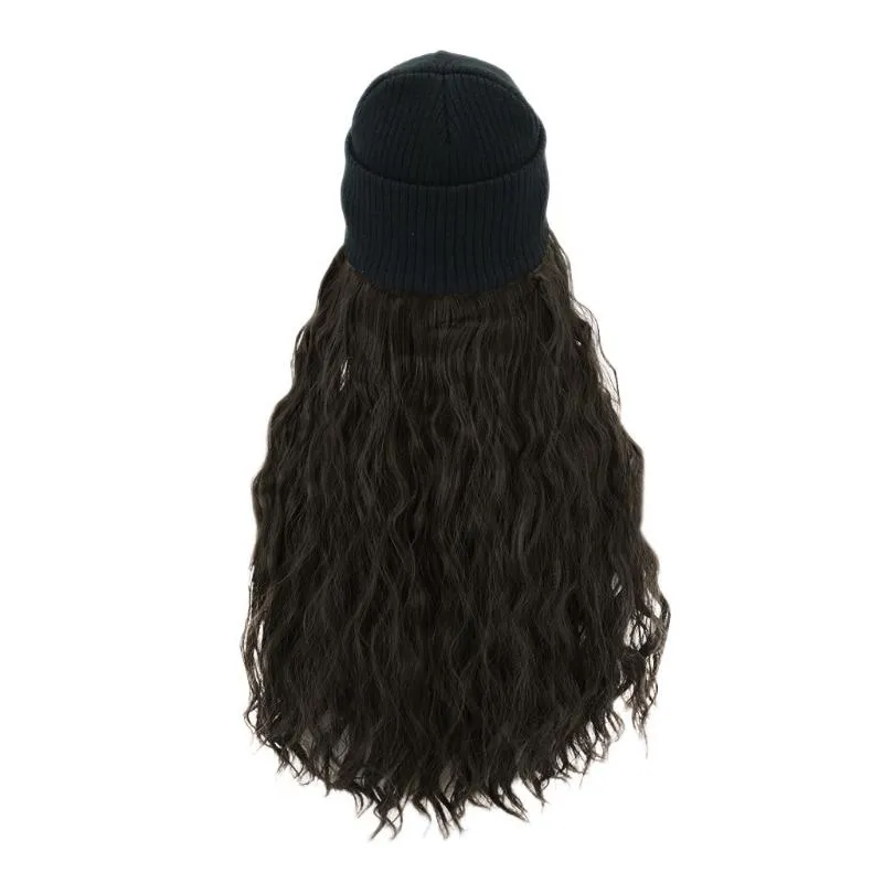 Chapéus de borda larga sintético longo encaracolado malha esqui inverno com peruca de cabelo gorro anexado chapéu para menina sair algodão natural feito #12265B