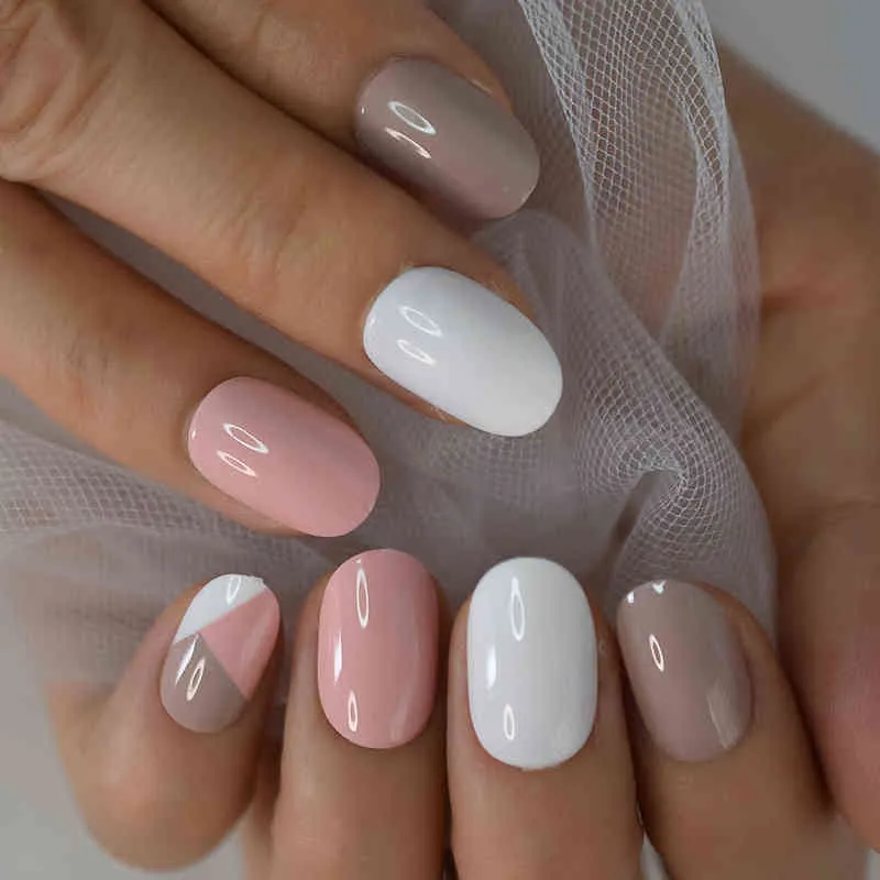 Faux ongles ronds faux ongles couverture complète artificielle blanc rose presse sur kaki court faux ongles Art conseils Designer 220225