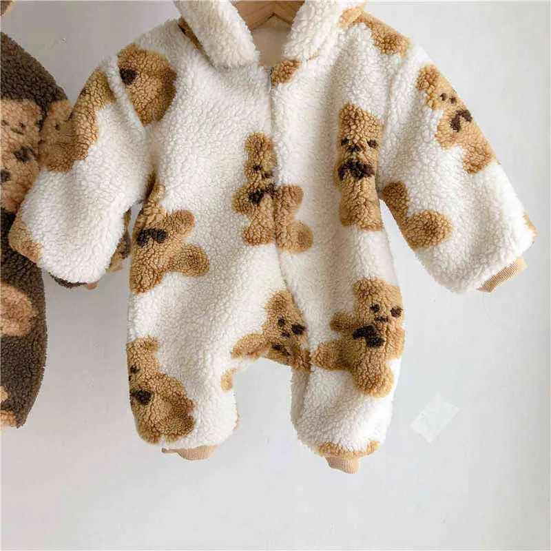 Winter born Baby Cartoon Bear Print Fleece Thicken Rompers Hooded Infants Boy Warm Clothes Kids Toddler Girls Jumpsuits 211229