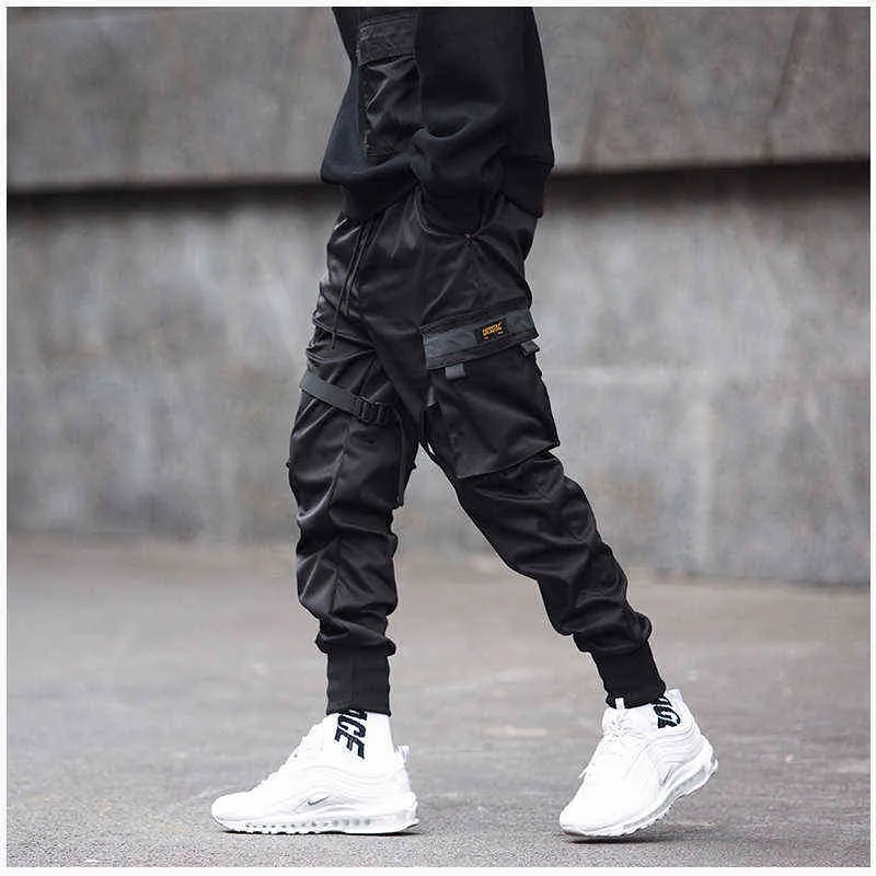 Homens Calças de Carga Preto Fitas Harem Jogos Casuais Algodão Streetwear Bolsos Hip Hop Pants Pants Harajuku Maré Moda Calças G220224