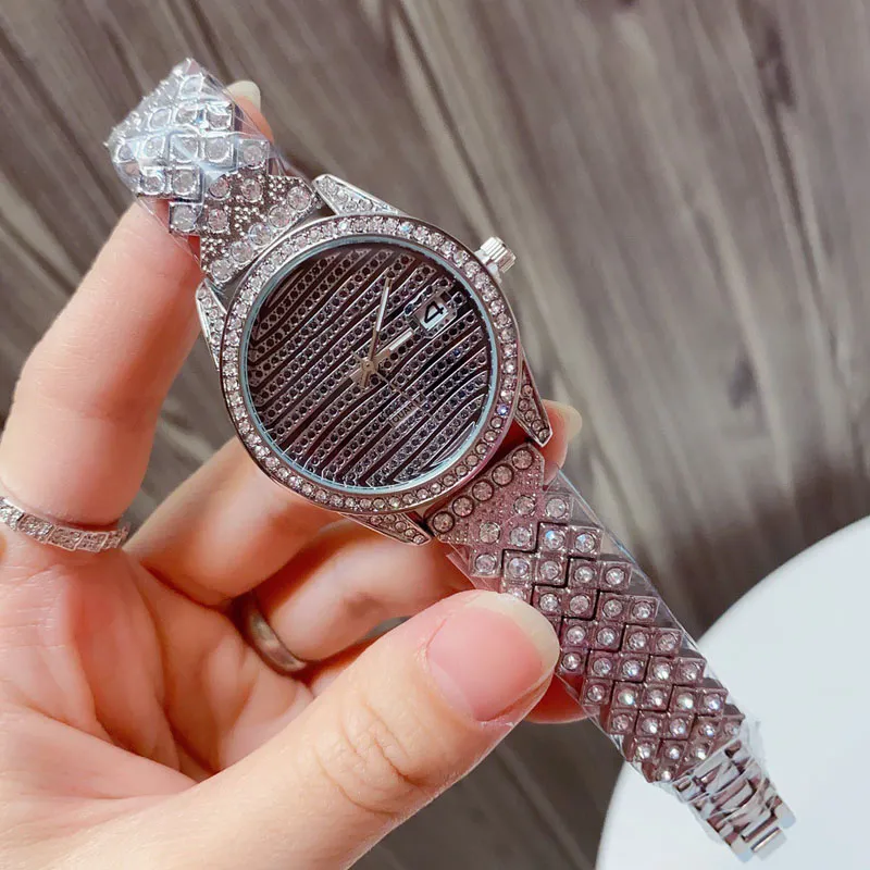 Modemärke kvarts armbandsur för kvinnor Tjej med kristall stil metall stål band Klockor R144