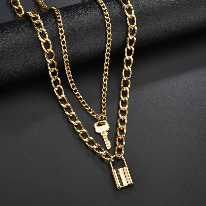 Key Padlock Pendant Necklace For Women Gold Silver Lock Necklace Layered Chain på nacken med låspunksmycken222e