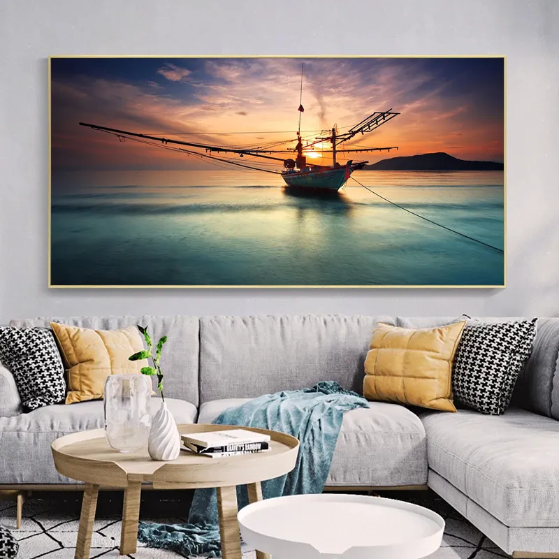 Póster de puesta de sol de barco de gran tamaño, pintura en lienzo de paisaje, imágenes artísticas de pared para sala de estar, decoración moderna para el hogar, paisaje marino