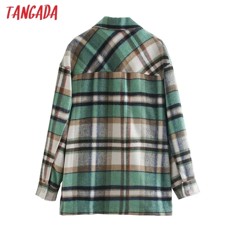 Tangada Frauen Grün Plaid Muster Dicke Mäntel Jacke Lose Lange Ärmel Tasche Damen Elegante Herbst Winter Mantel 3H107 201112