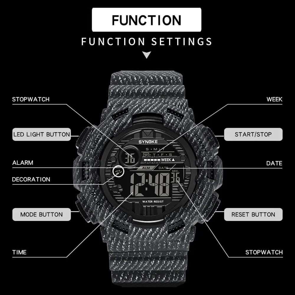 Synoke marka cyfrowa zegarek na rękę męską wodoodporną kowbojską zegar Stepwatch Sport Shock Wojskowy zegarek Relogio Masculino 9629 2272S