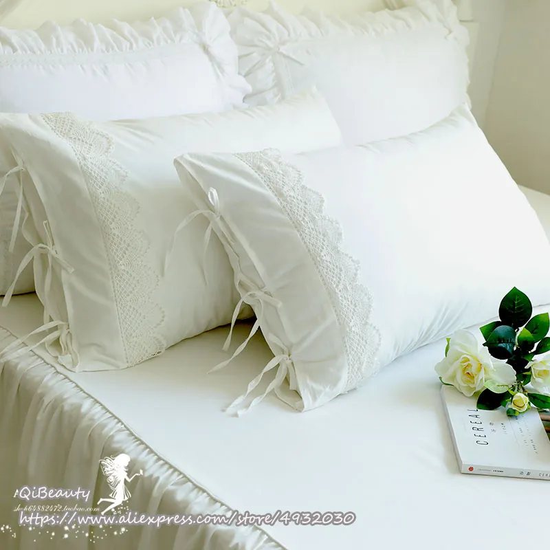Princess Pure White Double Layer Lace Flounced Cotton Wedding Bedding Pillowcase pillow cover 220217