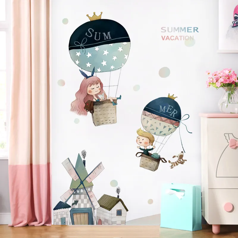 Söta flickor Cartoon Air Balloons Windmill Wall Stickers Decals Baby Room Kindergarten Decoration Wall Sticker Decals Decoration T200601