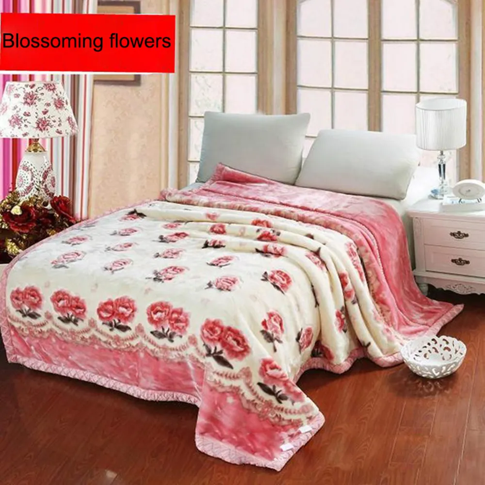 Doppelschichtige winterverdickte Raschel-Plüsch-gewichtete Decke für Doppelbett, warm, schwer, flauschig, weich, mit Blumen bedruckt, Überwurfdecken 203131