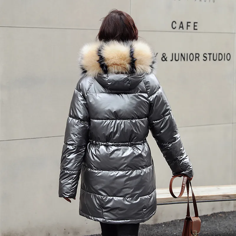 Manteau long bouffant pour femme solide veste d'hiver décontractée femme à capuche avec col en fourrure brillant coton rembourré plus taille épaisse Parkas 201019