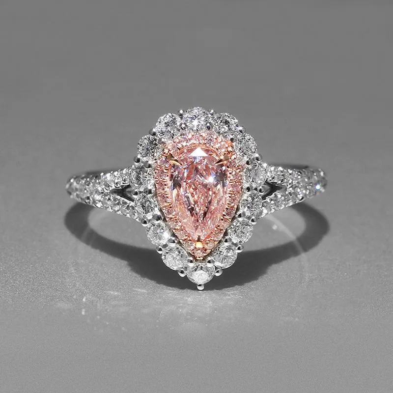 Genuíno de alta qualidade rosa adorável puls gota em forma simulação moissanite casamento noivado anel da mulher257q