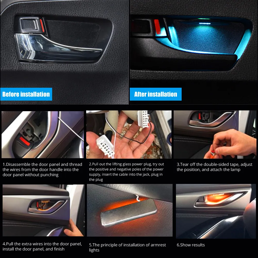 4st CAR Ambient Light Interior Innerdörrskålhandtag Armstödsbelysning Dekorativ lampa Automatisk handräckljus för biltillbehör
