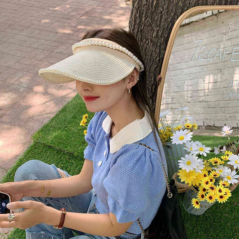 2022 Dames Imitatie Parel Lege Top Stro Hat Casual Zomer Strand Zonhoeden Wide Brim Sunscreen Outdoor Sports Cap Zomer Caps G220301