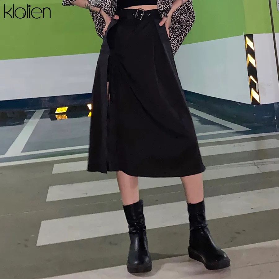 Klalien moda alta cintura preto midi saia mulheres verão streetwear Casual Split Hem Assimétrica Saia Longa Senhoras Novo 201109