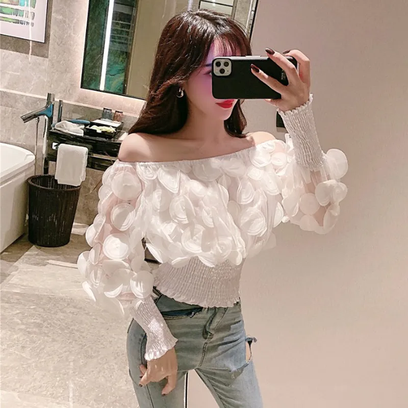 Sexy Off Shoulder Womens Tops and Blouses Mesh Sheer Puff Sleeve Tops Zomer 3D Bloem Vintage Witte Vrouwen Shirt Blouse 220308