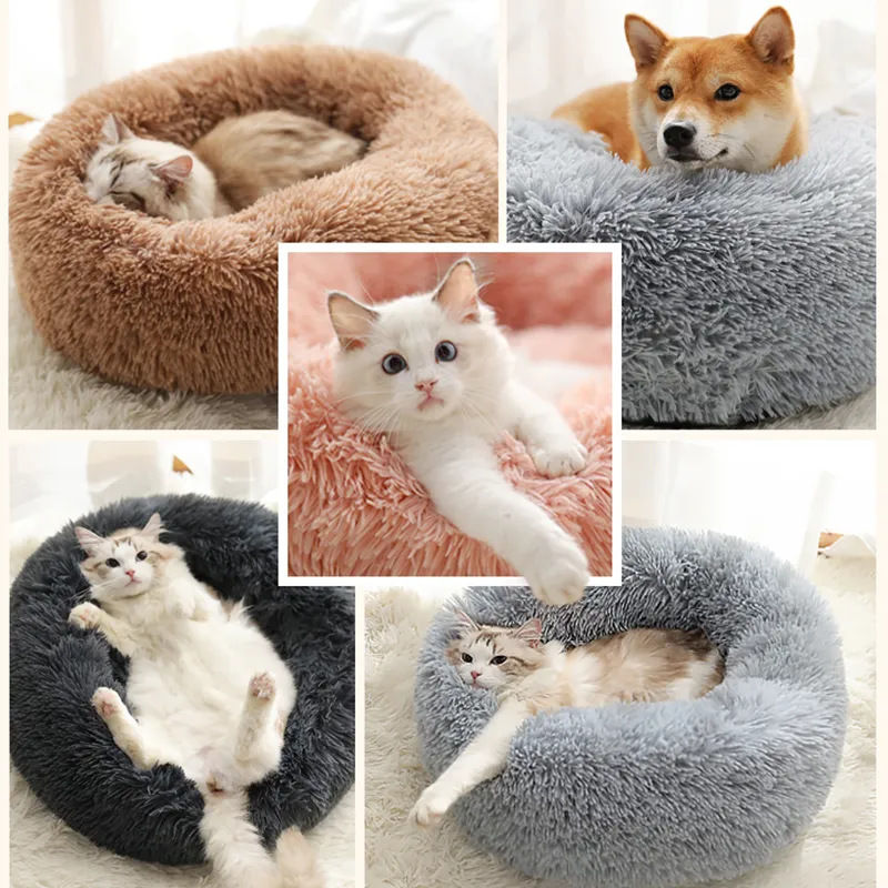 Round Donut Dog Bed Peluche Pet Basket Cuddler Soft Warm Nest Cat Sacco a pelo Divano Calmante Accogliente Cuscino Letti cani di piccola taglia LJ201201