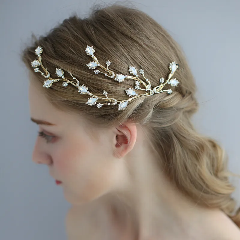 Ligth Gold Color Branch Bridal Hair Clips Pins Opal Crystal Wedding Headpiece Handmade Women Hair Crown Accessories J0113